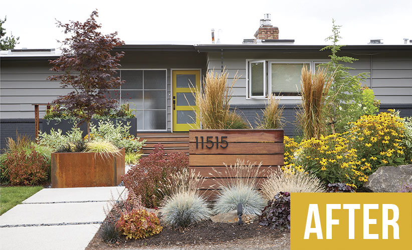 mid-century-makeover-after: Long-lasting flowers and plenty of easy-care foliage keep this mid-Century modern garden looking gorgeous all year.