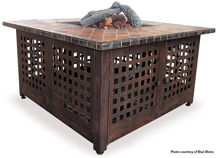 Tabletop gas firepit:Gas-fired coffee-table-style 
fireplaces sometimes have the tank hidden behind a decorative screen.