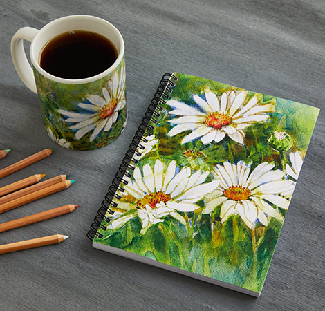 Garden journal and matching mug with daisy print