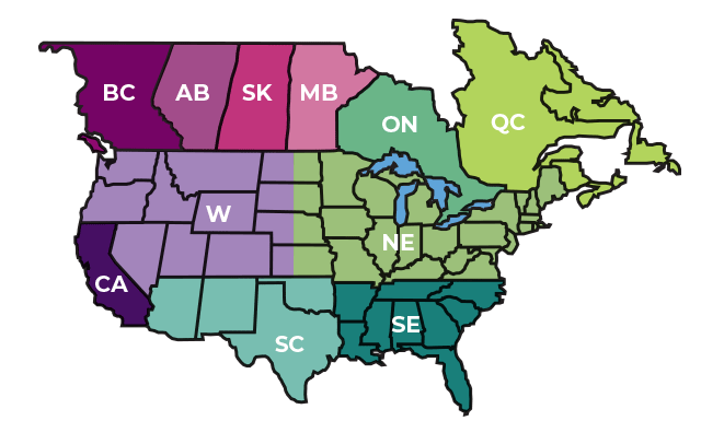 US Map divided into regions: Find your region on this map and look at the types of milkweed in the gallery to find out which one is native to your area.