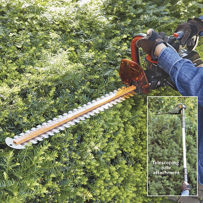 battery-powered-hedge-shear-in-action: Some hedge trimmers have a big 62-volt battery for heavy-duty jobs and long run time.