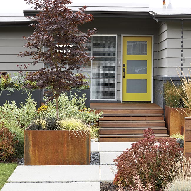 mid-century-easy-access-to-front-door: Make the front walk wide enough to allow room for plants to spill over the sides and soften the lines.