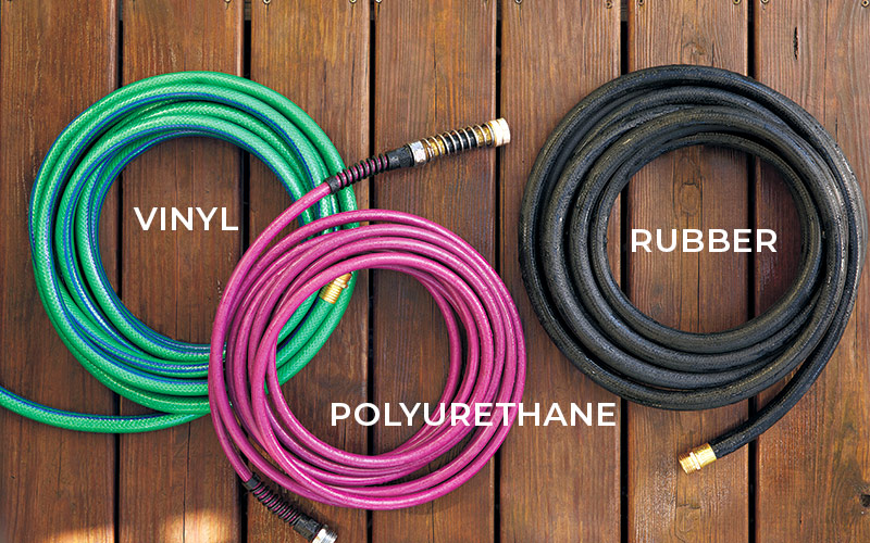 Different types of garden hoses Polyurethane, rubber and vinyl