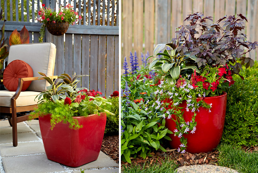 patio-design-ideas-containers: Colorful containers that match your patio color scheme are a great way to add a pop of color and more plants to your patio space.