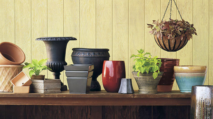 assortment of garden containers: From clay to concrete, garden containers come in an array of materials.
