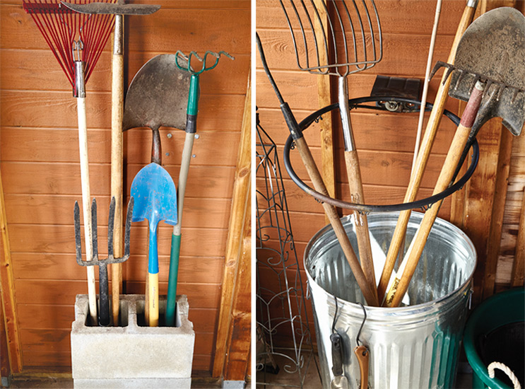 budget-friendly-tips-for-storing-garden-tools-DIY-storage: Using concrete blocks or an old basketball hoop are clever ways to keep your tools organized.