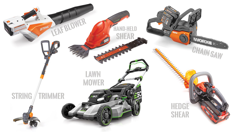 Collage of Battery-powered garden tools: There are a wide arraw of battery-powered garden tools available and are often less expensive.