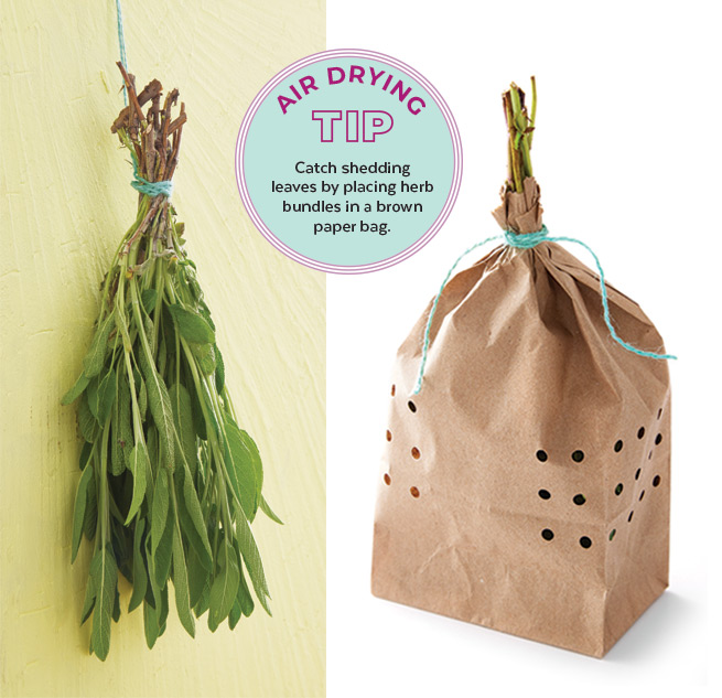 Air drying herb bundles: Catch shedding leaves by placing herb bundles in a brown paper bag, adding holes with a hole punch to encourage air flow.
