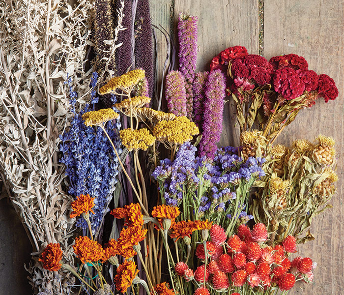 Dry flower arrangement on distressed wood: To retain the best color on dried flowers, keep them out of direct sunlight.