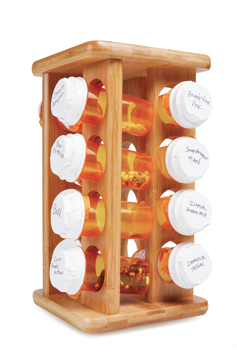 GG167 Tips 2: A revolving spice rack along with some empty prescription bottles simplifies seed storage.