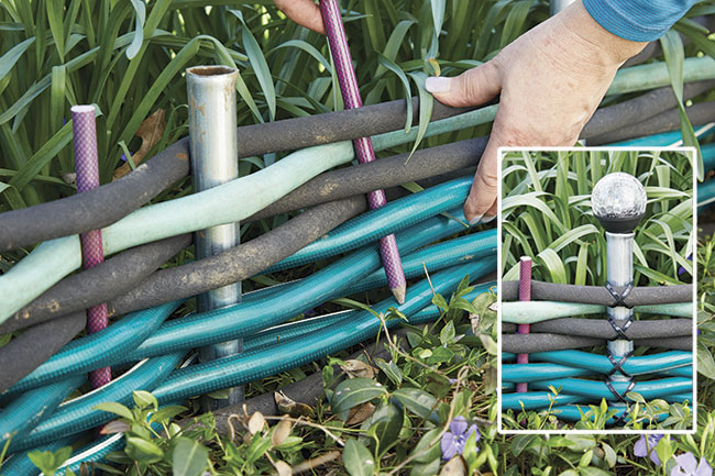 add details with solar lights and criss-cross cable ties : Place outdoor solar lights (on stakes) into alternating conduit pipes to add a decorative element and 
to illuminate pathways.