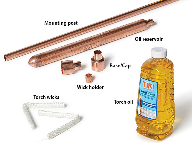 copper-torches-supplies: The pipe (mounting post), air chamber (oil reservoir), reducers (base/cap), bushing (wick holder) and wicks are shown here.