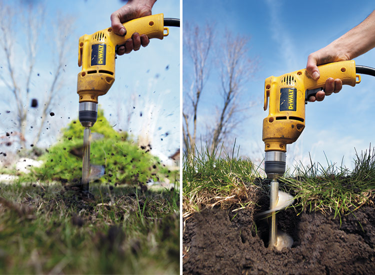 Bulb auger drill attachment: Attached to either a corded or cordless drill, a bulb auger makes lots of planting holes quickly in garden soil or lawns.