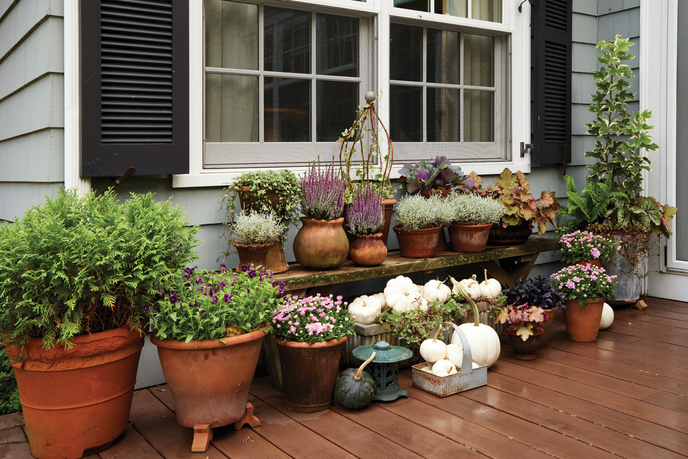 GG188 SW 07 Susan Nock Fall patio container grouping: Changing up containers with cool-weather-tolerant classics like mums, kale, and heather gives this patio a fresh look for fall.