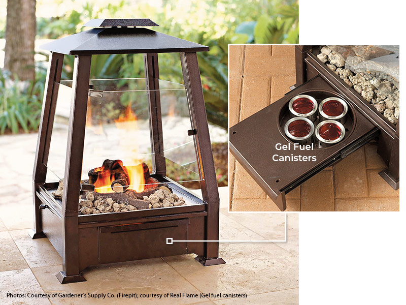 Gel Fuel Firepit from Gardeners Supply Co.: Make a fire by sliding out the bottom drawer, lighting the gel fuel canisters and pushing the drawer back in.