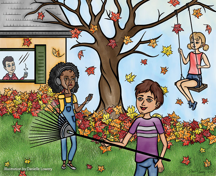 Illustration of different characters raking leaves by Danielle Lowery