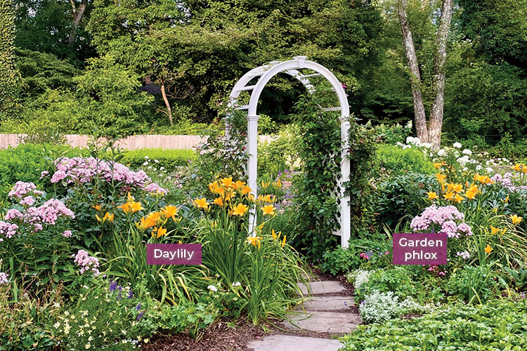 Heather Thomas's Cottage garden with garden arbor and colorful flowers: In summer, the daylilies and garden phlox show off. Photo courtesy of Heather Thomas.