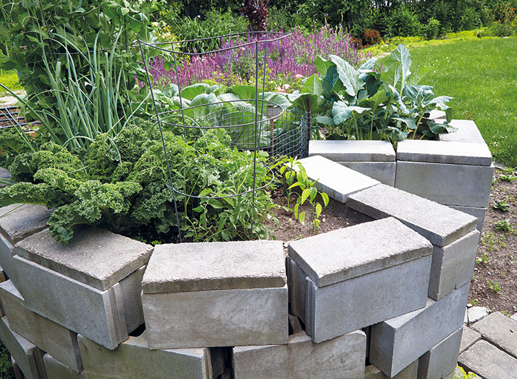 Keyhole garden bed: A keyhole garden is a round raised bed with a pie-slice cutout for access to a composting basket in the center.