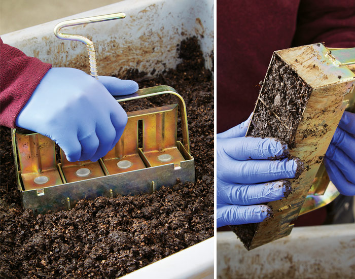Filling soil blocker with soil: Press down firmly into the mix to fill the blocker, then level off the bottom.