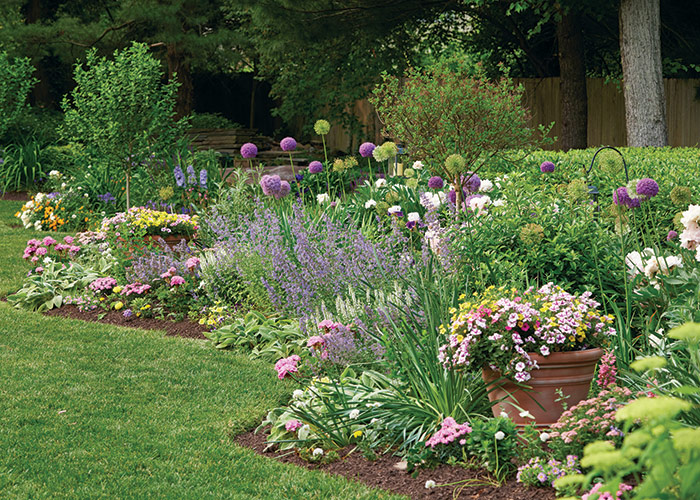 Heather Thomas spring garden border with allium: For instant color, pop a container full of cheery calibrachoas in your garden border!