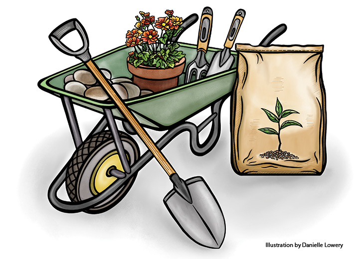 Digital illustration of Wheelbarrow with gardening supplies