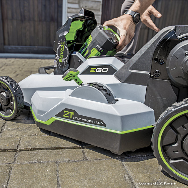 battery-powered-lawn-mower-in-action: EGO Power+ Select Cut battery mowers are self-propelled and even fold up for storage.
