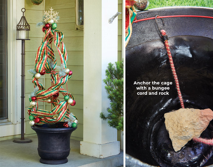 Repurposing a tomato cage into Holiday decor: With a little holiday ribbon, shatterproof ornaments and a garden container, this tomato cage can tranform into a decorative tree.
