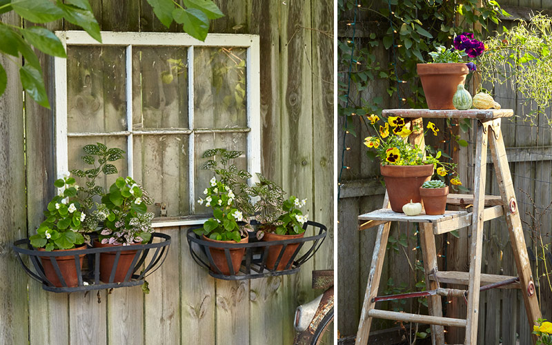 Upcycled-garden-decor-window-ladder: You can upcycle almost any old household item into a useful and unique garden ornament or structure.