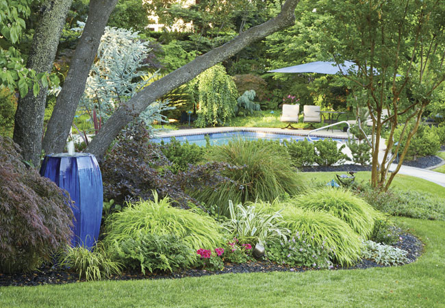 Blue fountain: This vibrant color combination of the cobalt blue fountain and chartreuse hakonechloa draws your eye up the slope, where you can explore another shady border.