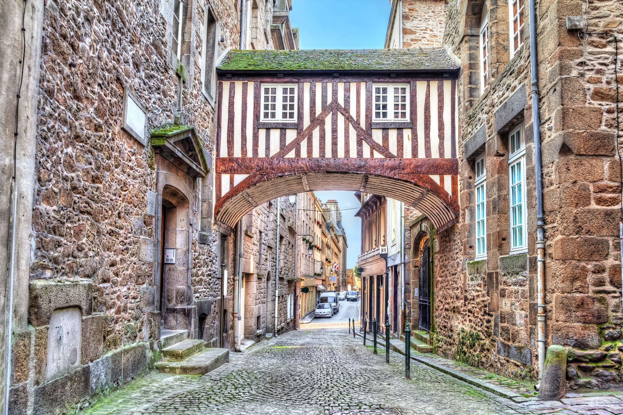 Narrow street with bridge in St Malo