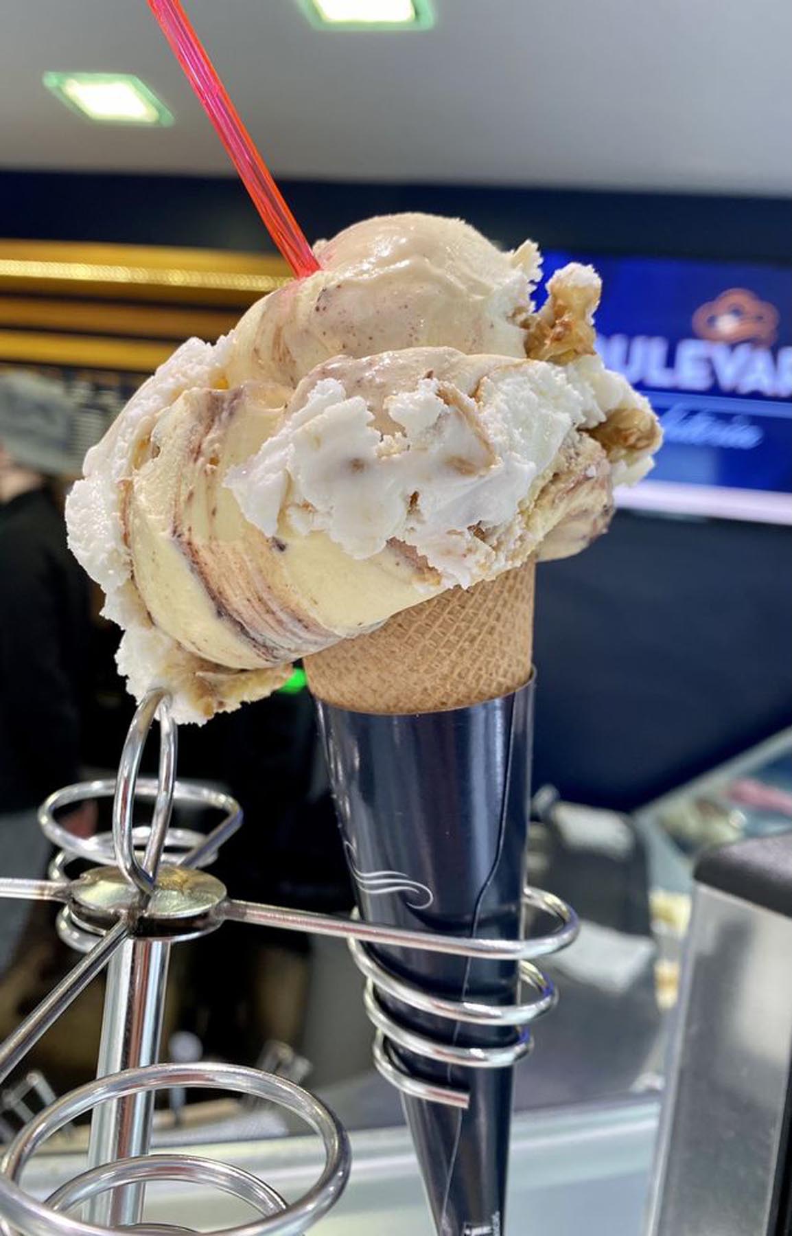 An ice cream on a stand on Gelateria Boulevard, San Sebastian