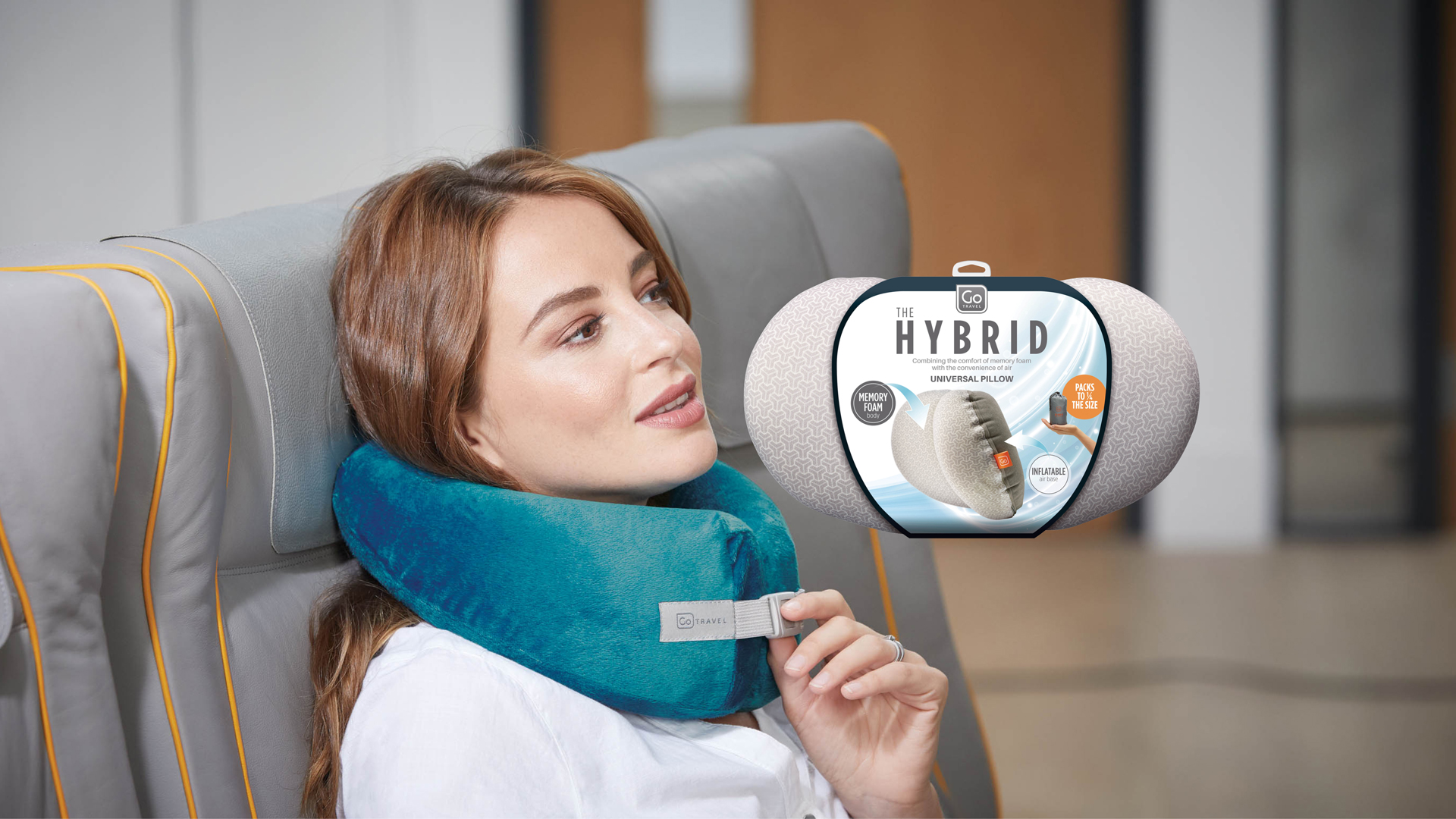 Woman using hybrid travel cushion
