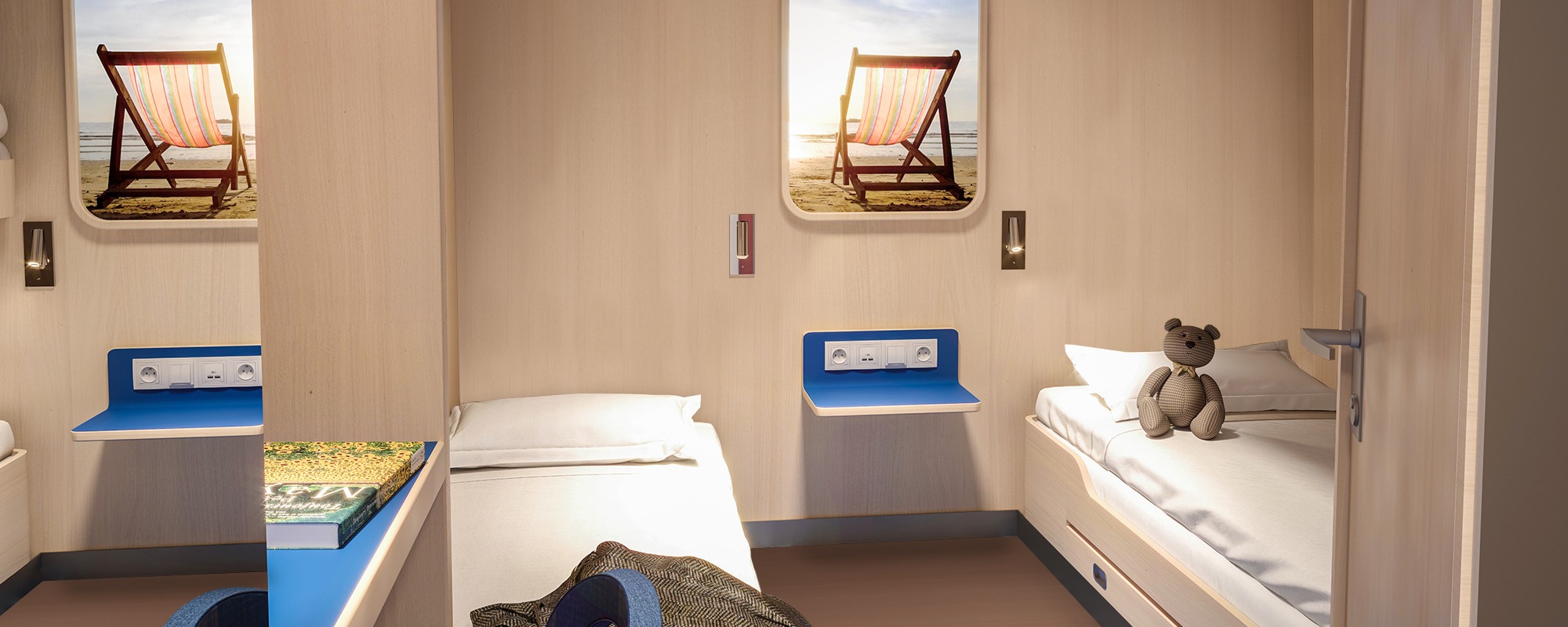 Cabine 2 couchettes douche/wc sans hublot, Réservée aux personnes en fauteuil roulant