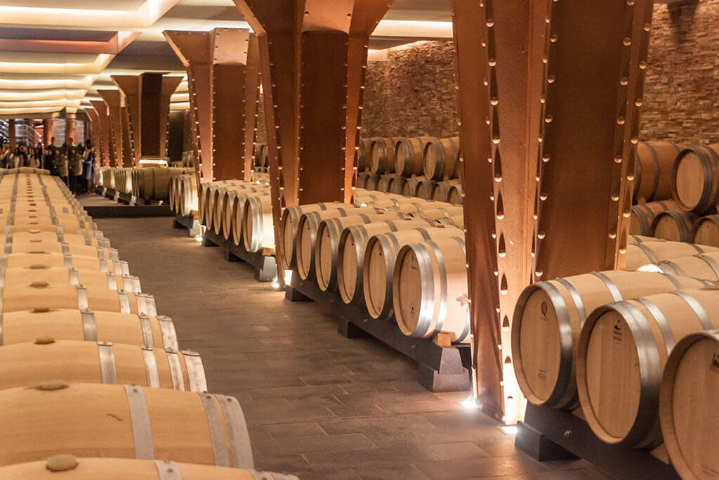 Wine barrels in a winery