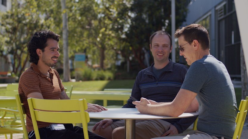 Celonauts sitting at the outdoor tables at the Celonis LA office