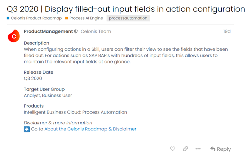 Display filled-out input fields in action configuration