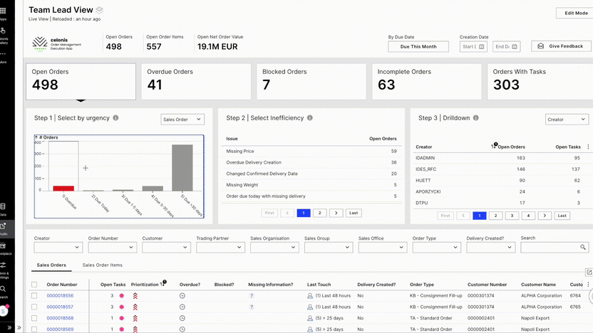 Team Lead View in the Open Order Processing app.