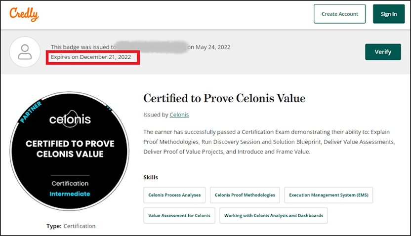 Celonis Certified badge with preset expiration date