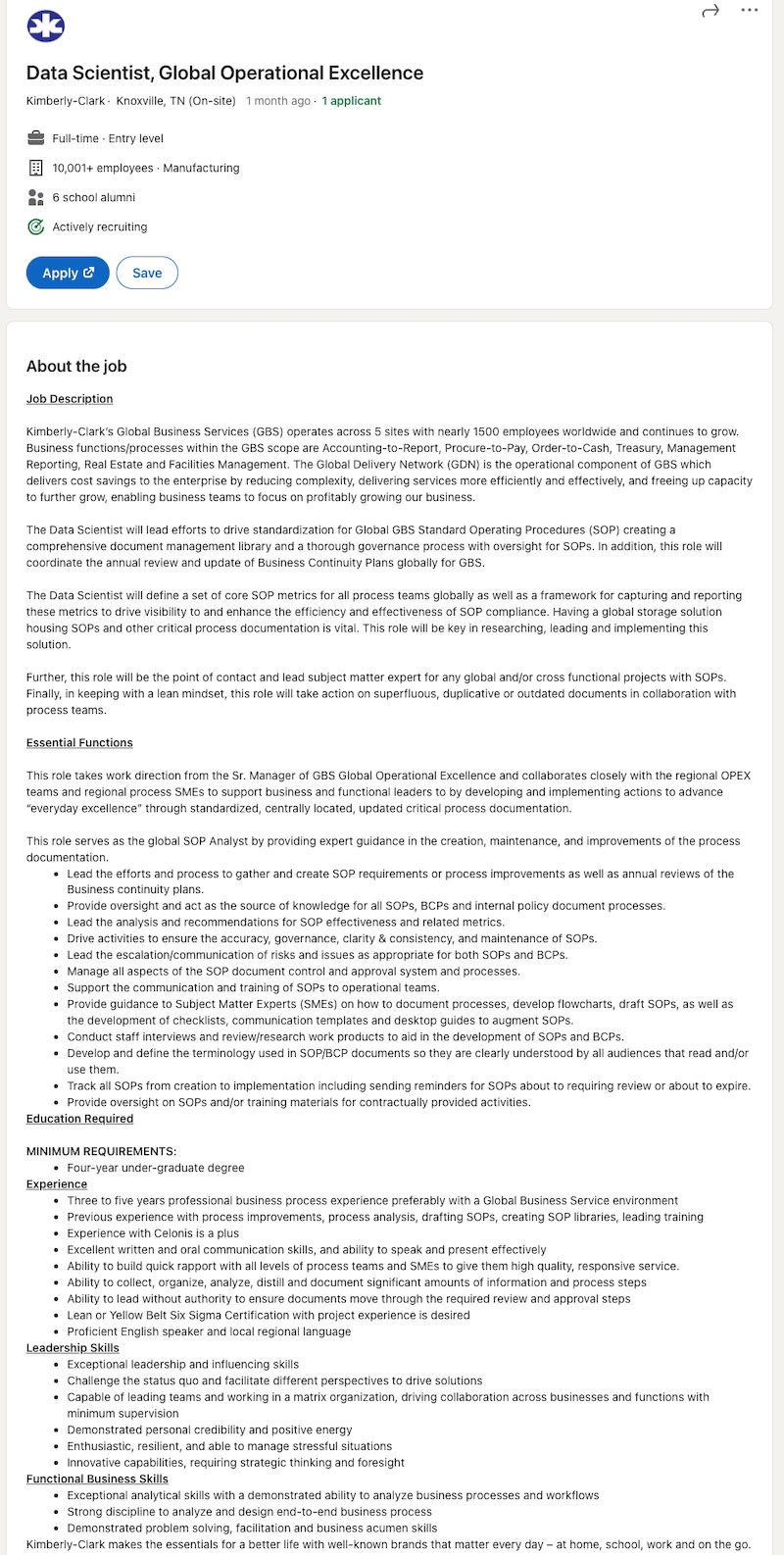 Process mining job description: Data scientist Kimberly Clark