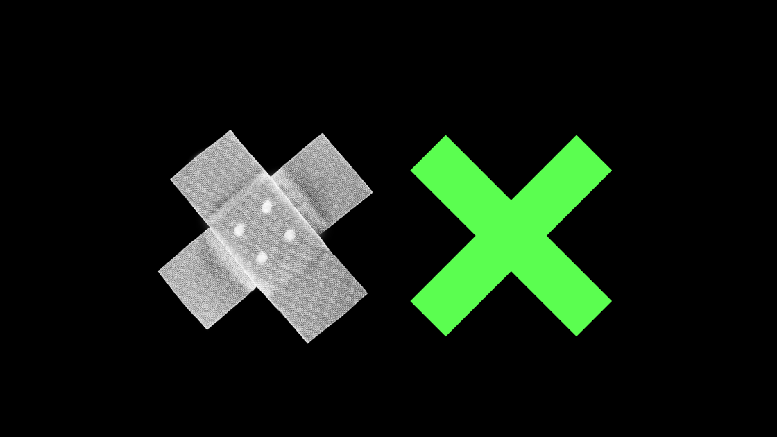 A crossed bandaid in white and a green x