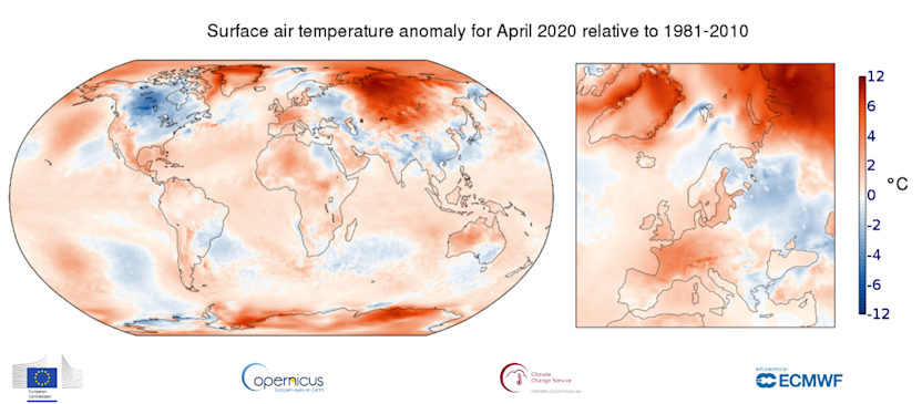 Example use case for a diverging color scale: Surface air temperatures compared to overall average of 1981–2010. (from climate.copernicus.eu)
