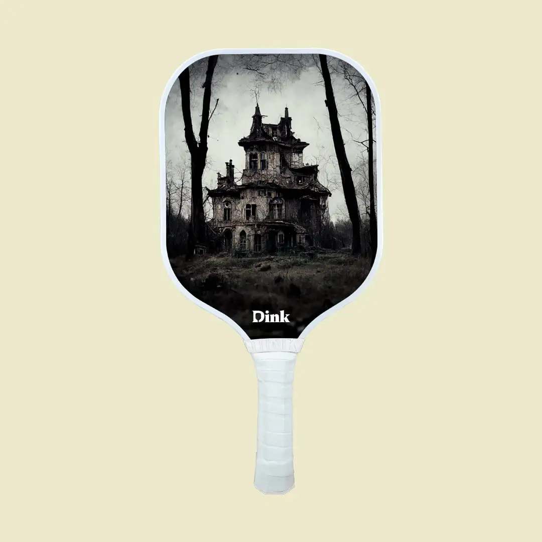 Retro-Horror Pickleball Paddle Design Vintage Haunted House