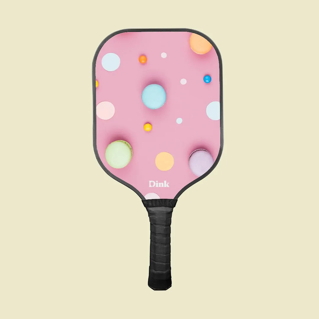 dink´s custom pink pickleball paddle with pastel food dots