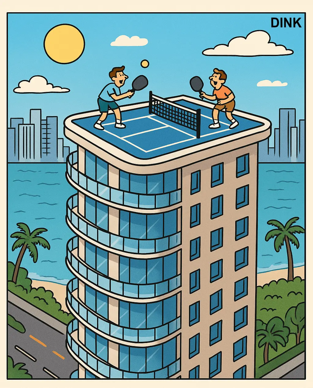 a high-rise condo in Miami with a rooftop pickleball court