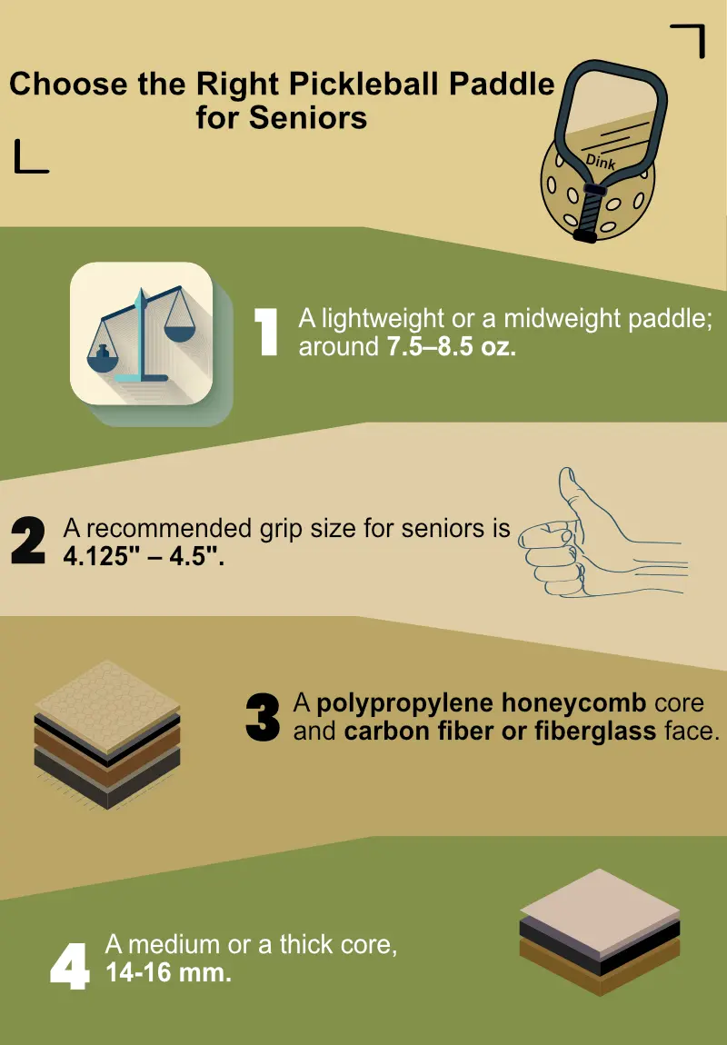 An infographic showing how to choose a pickleball paddle for seniors