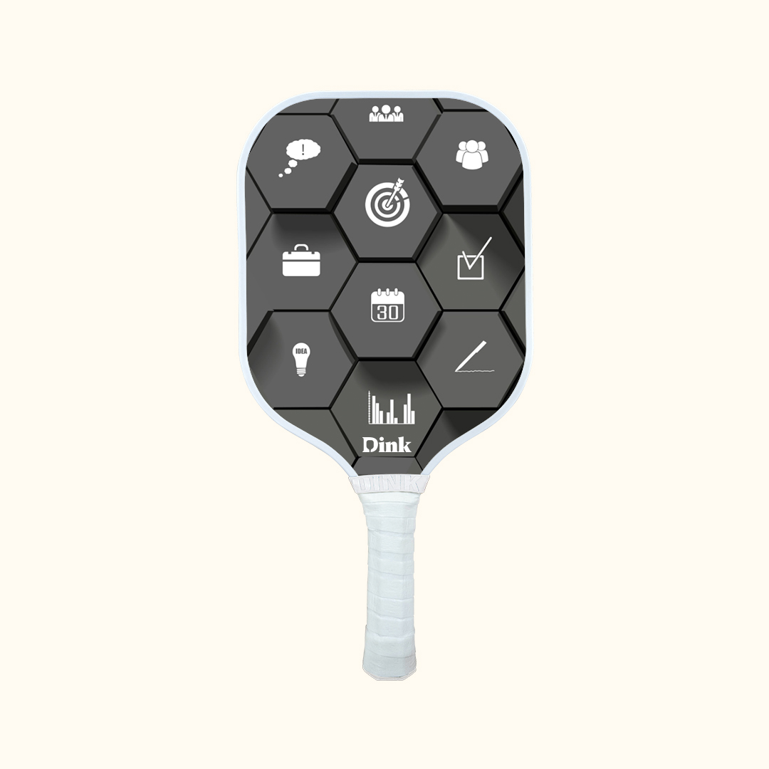 A hive with a company logos and values on Dink custom pickleball paddle