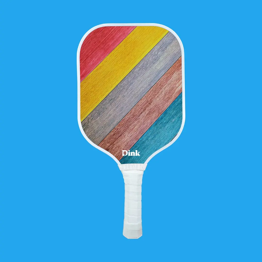 a custom pickleball paddle with colorful wood immitaed lines