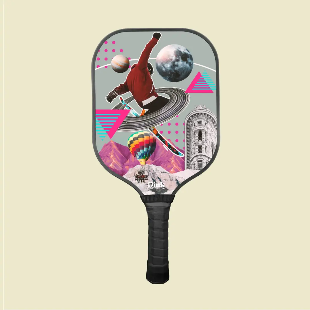 Valentines day custom pickleball paddle with a travel destinations collage design