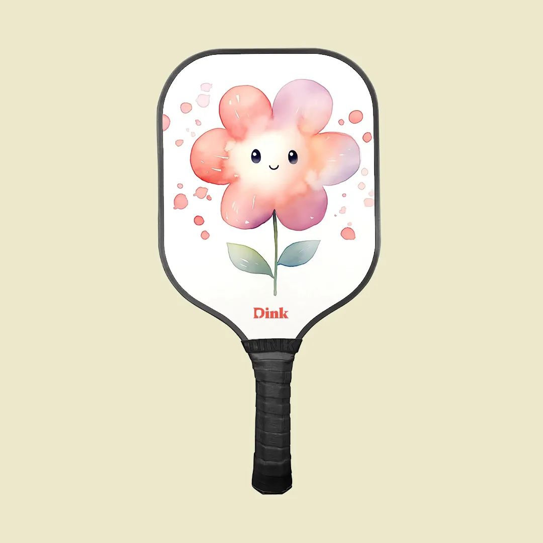 dink´s custom pickleball paddle with a watercolor flower with a cute face