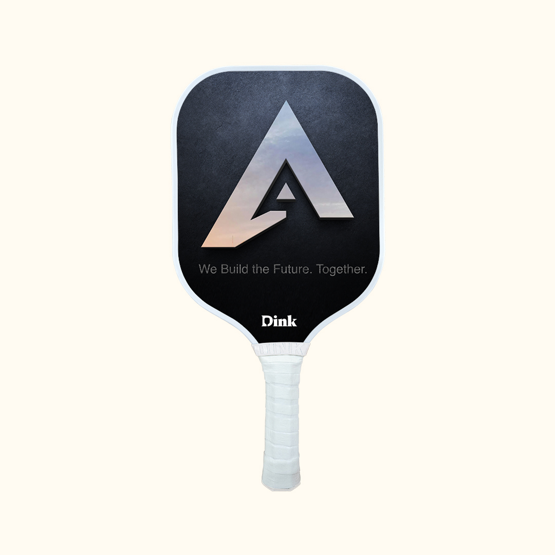A logo and a slogan on Dink custom pickleball paddle